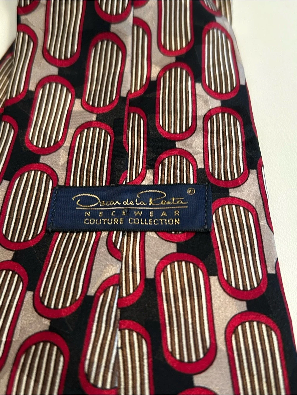 Vintage Oscar de la Renta Geometric Tie Burgundy Black Retro Silk
